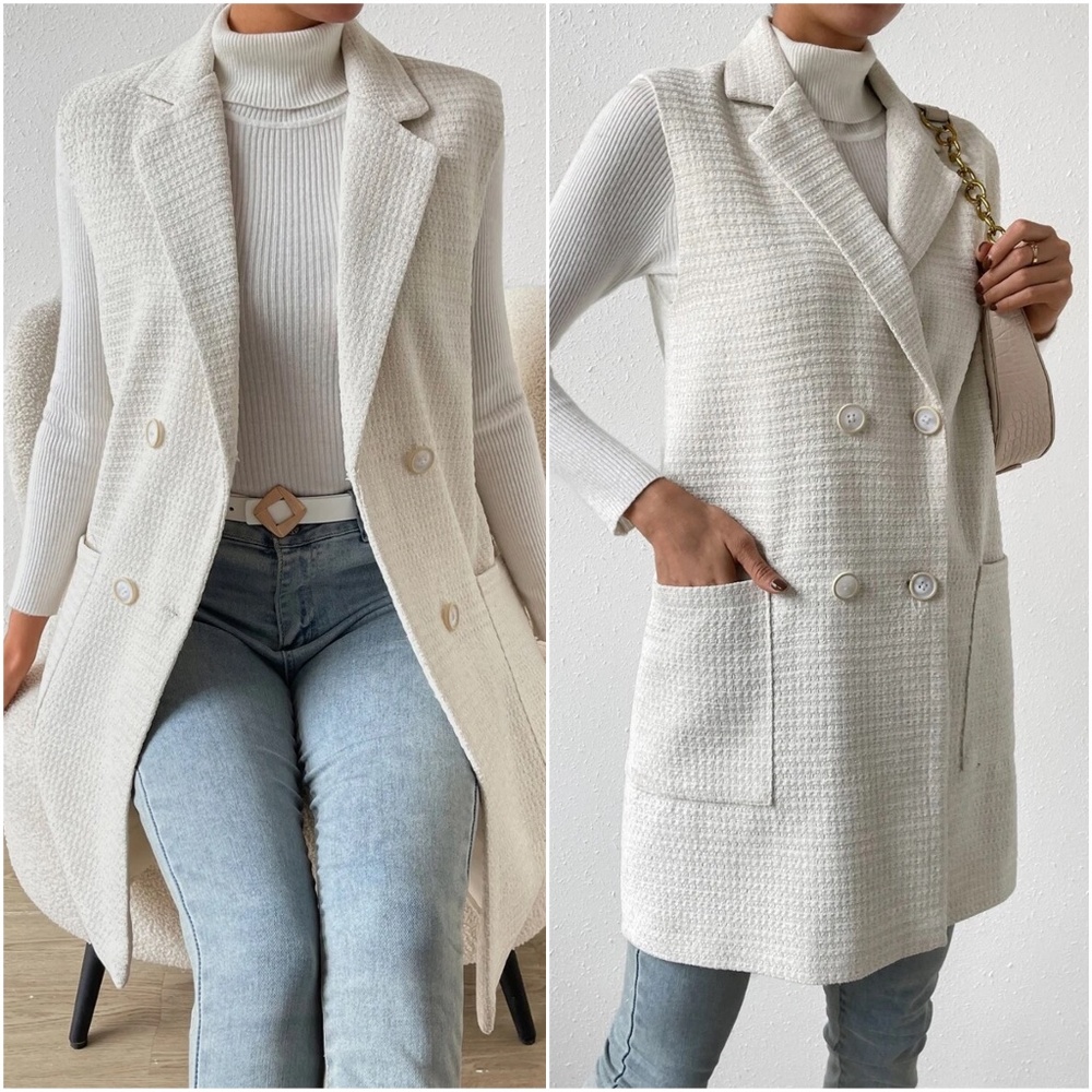 Classic Button up Double Breasted Textured Long Blazer Jacket - Picture 1 of 4